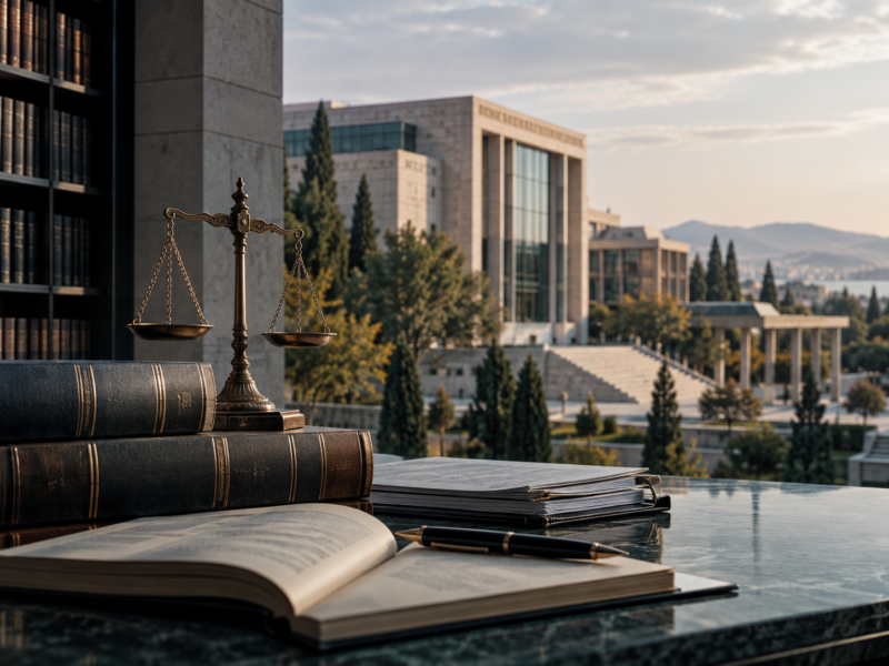 Kamu ve yükseköğretim hukukunu temsil eden hukuk kitapları, adalet terazisi ve üniversite kampüsü